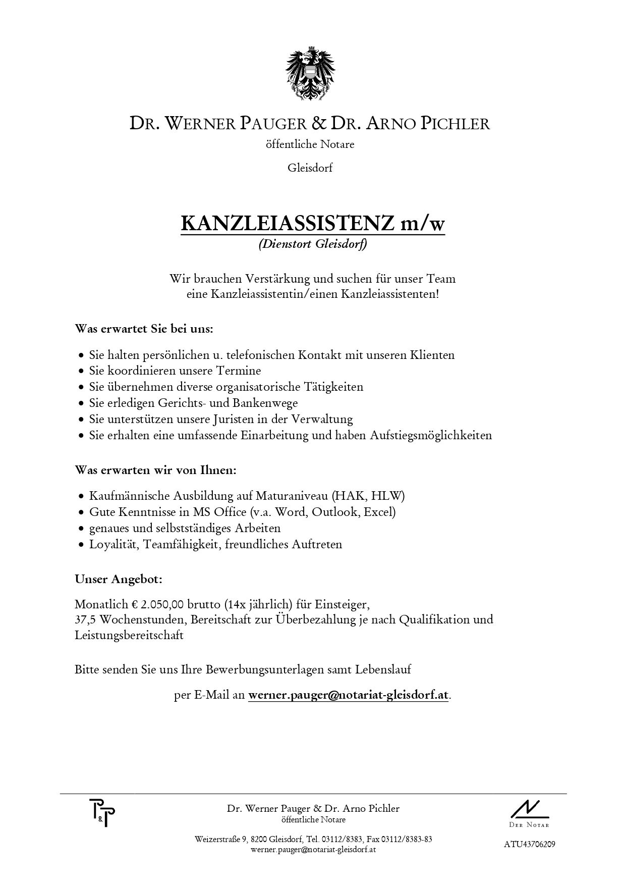 Das Dokument ist ein Stellenangebot einer Notariatskanzlei in Gleisdorf, Österreich, für eine Kanzleiassistenz-Position. Es beschreibt Aufgaben und Anforderungen für die Stelle.
