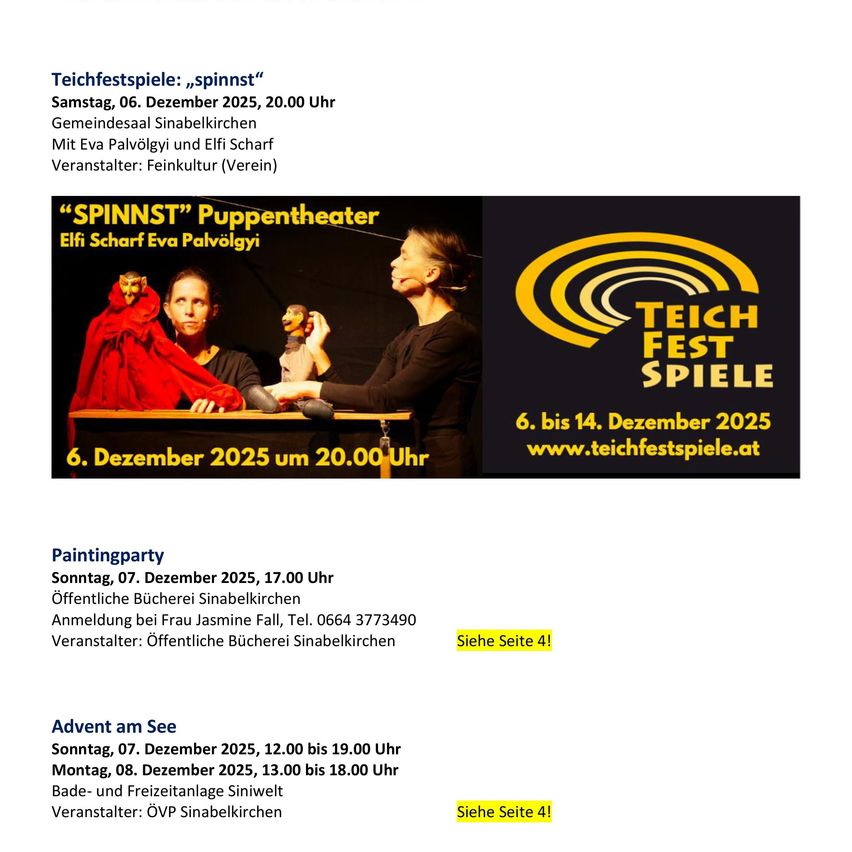 Das Bild zeigt ein Veranstaltungsposter für eine Puppentheateraufführung 'SPINNST' von Elfi Scharf und Eva Palvolgyi, geplant für den 6. Dezember 2025 um 20:00 Uhr. Es enthält auch Details für eine Malparty am 7. Dezember 2025 um 17:00 Uhr und eine Adventsveranstaltung am 8. Dezember 2025 von 12:00 bis 19:00 Uhr.