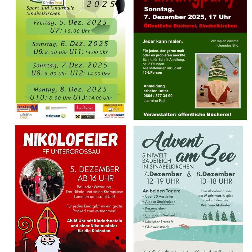 Plakat enthält Zeitpläne für Dezember 2025. Veranstaltungen umfassen Nikolausfeier am 5. Dezember, Fußballspiele am 6. Dezember und ein Advent am See-Event am 7. und 8. Dezember.