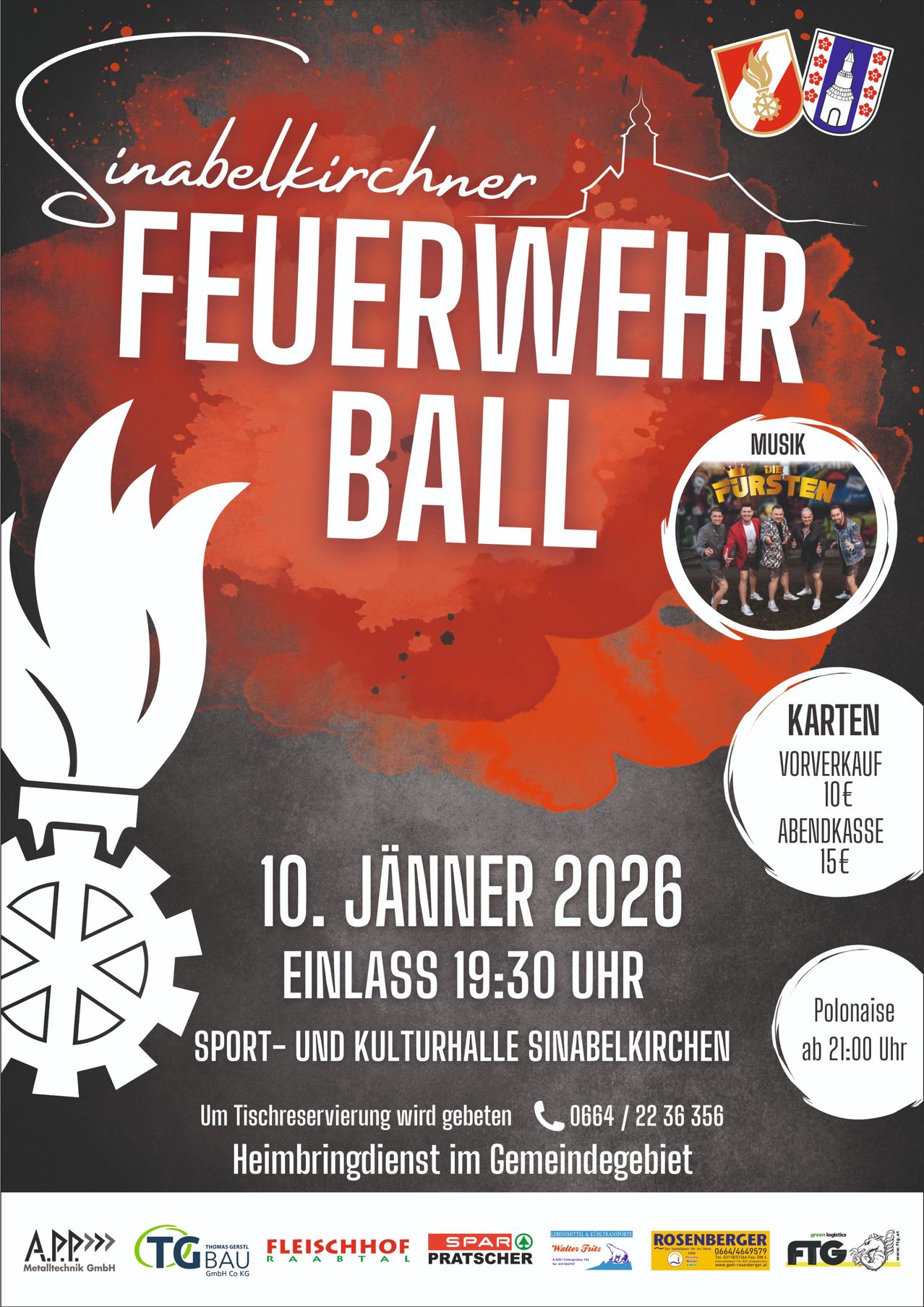 Ein Plakat bewirbt den 'Feuerwehr Ball' am 10. Januar 2026 um 19:30 Uhr in der Sport- und Kulturhalle Sinabelkirchen. Tickets sind im Vorverkauf und an der Abendkasse erhältlich.