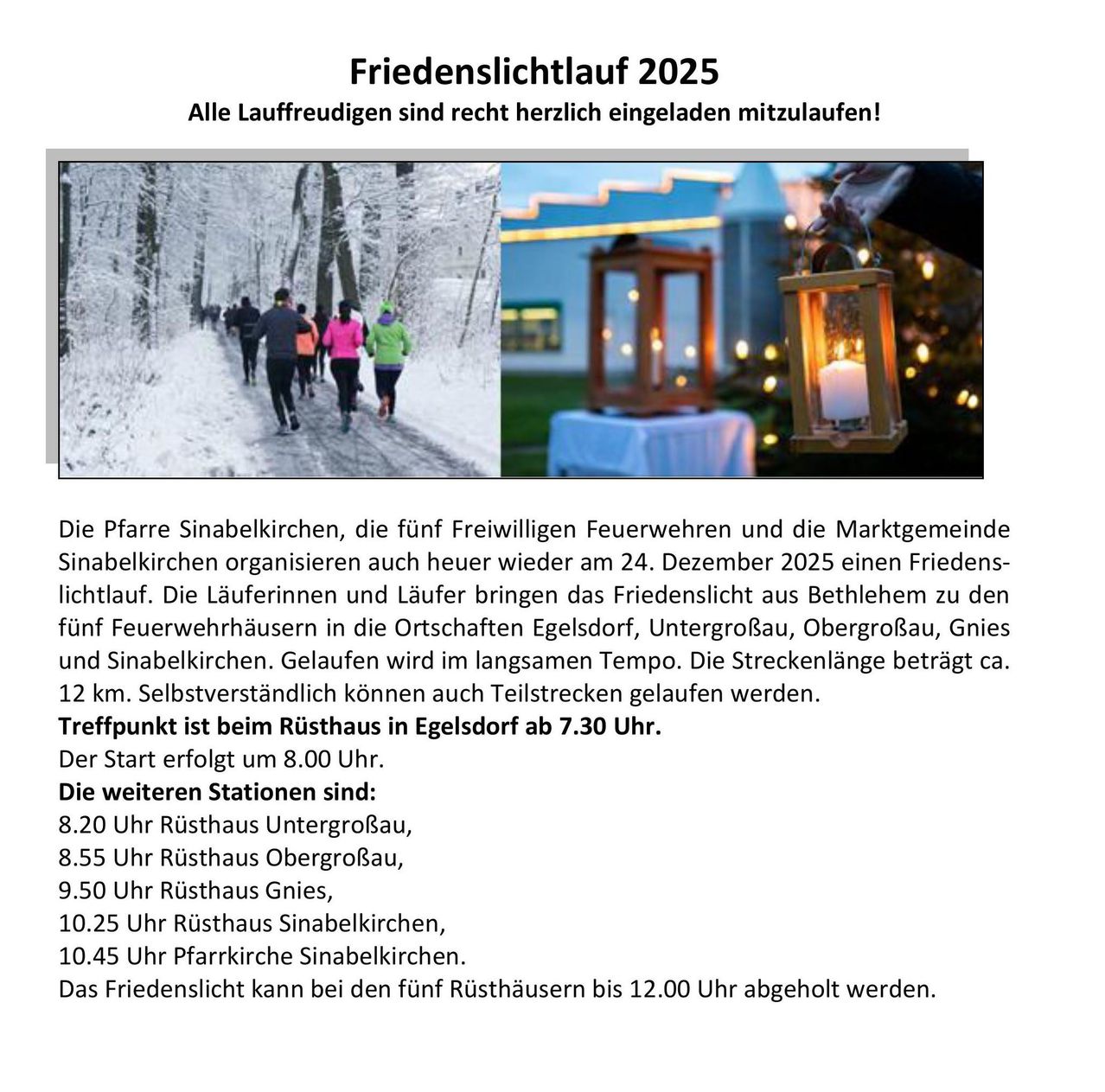 Plakat für den Friedenslauf 2025. Läufer treffen sich um 19:30 Uhr am Rasthaus Egelsdorff. Start um 20:00 Uhr. Die Strecke ist 12 km lang. Haltestellen an verschiedenen Rasthäusern.