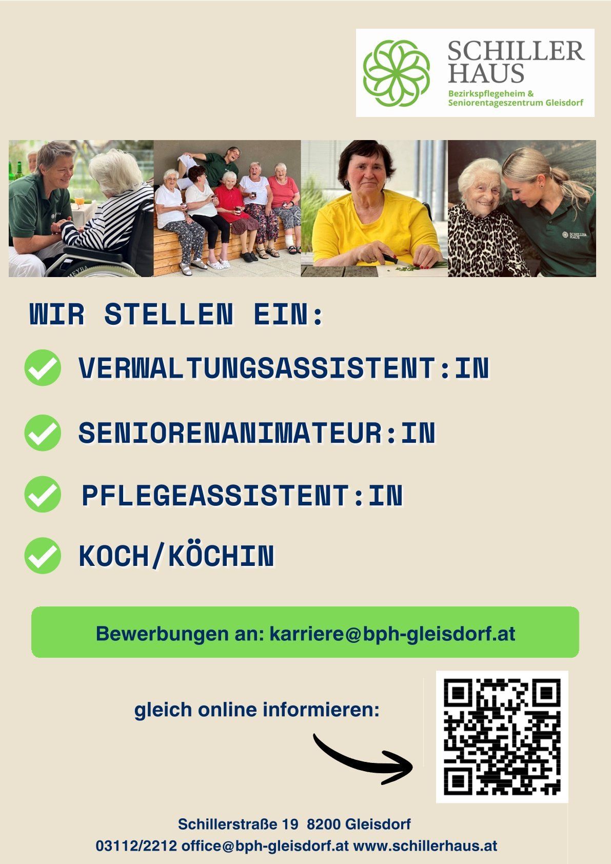 Plakat mit Bildern von älteren Menschen und Pflegekräften. Es listet Stellenangebote für Verwaltungsassistenten, Seniorenanimatoren, Pflegekräfte und Küchenpersonal auf. Kontakt-E-Mail für Bewerbungen angegeben. QR-Code für weitere Informationen.
