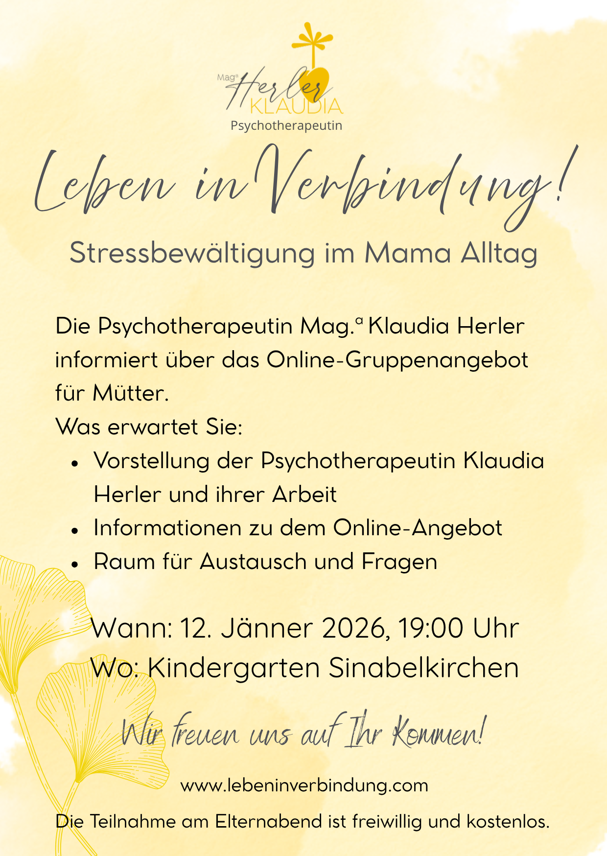 Werbeplakat für 'Leben in Verbindung!' von Psychotherapeutin Mag. Klaudia Herler. Es informiert über ein Online-Gruppenangebot für Mütter. Was erwartet Sie: Vorstellung der Psychotherapeutin Klaudia Herler, Informationen zum Online-Angebot und Raum für Austausch und Fragen. Termin: 12. Jänner 2026, 19:00 Uhr. Ort: Kindergarten Sinabelkirchen.