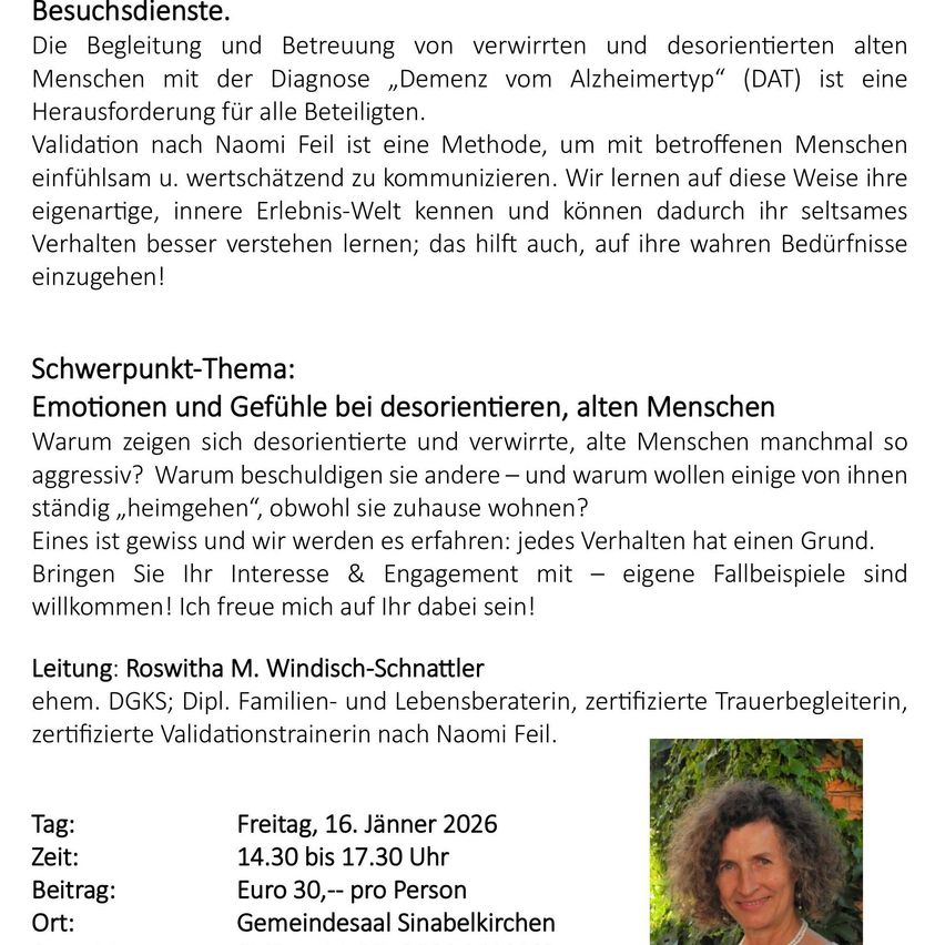 Event poster featuring a smiling woman, with details such as date, time, fee, and location. Date: Friday, January 16, 2026. Time: 14:30 to 17:30. Fee: 30 Euros per person. Location: Sinabelkirchen community hall.
