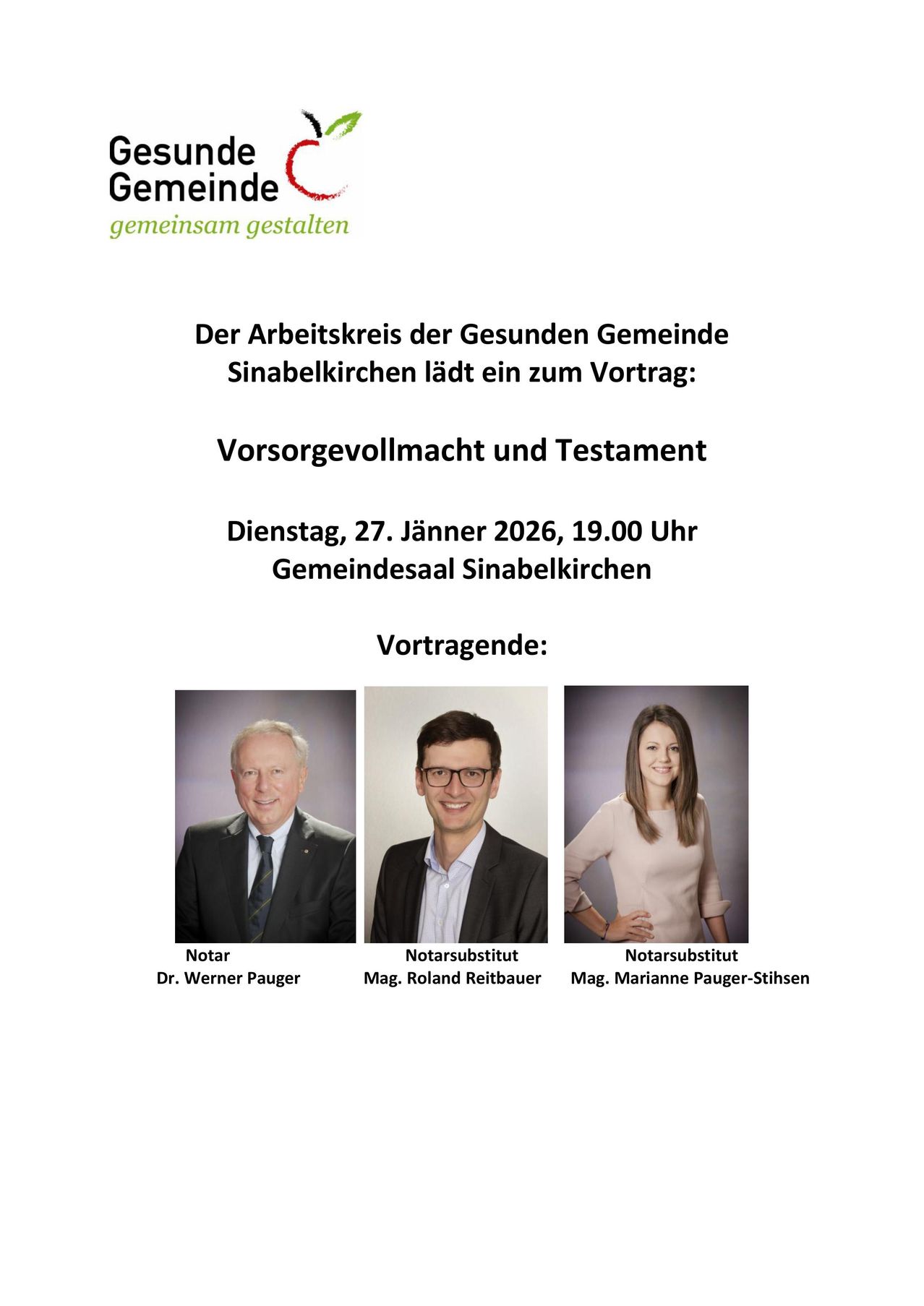 Ein Plakat bewirbt einen Vortrag über Sorgevollmacht und Testament durch die Gesundheitsgemeinschaft von Sinabelkirchen, geplant für den 27. Januar 2026 um 19:00 im Gemeindesaal. Es zeigt Bilder von drei Rednern.