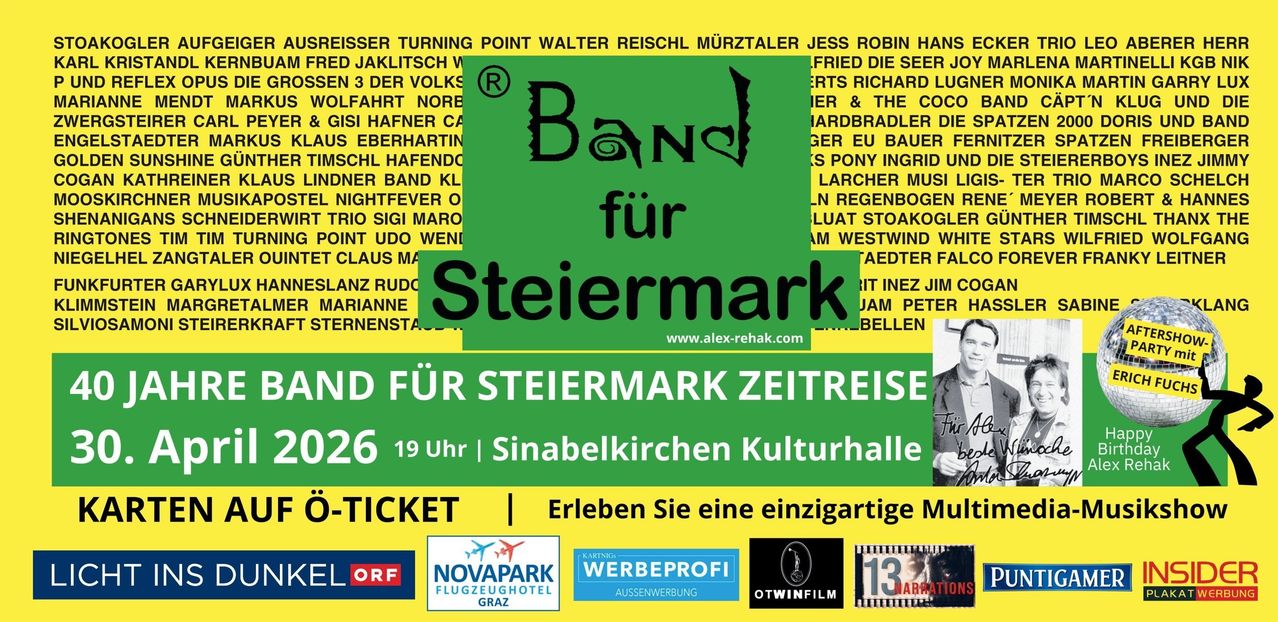 Plakat für eine Musikveranstaltung in Steiermark. Es zeigt Bandnamen, ein Datum und den Veranstaltungsort. Das Plakat enthält Logos der Sponsoren und eine Website.