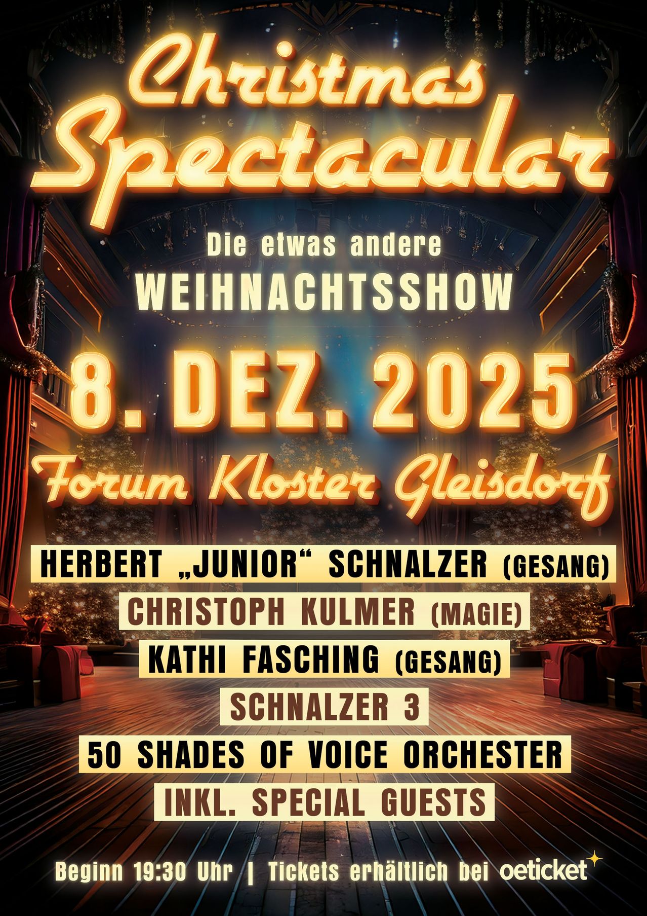 Ein Plakat für eine einzigartige Weihnachtsshow am 8. Dezember 2025 mit Künstlern wie Herbert Schnalzer, Christoph Kulmer und anderen.