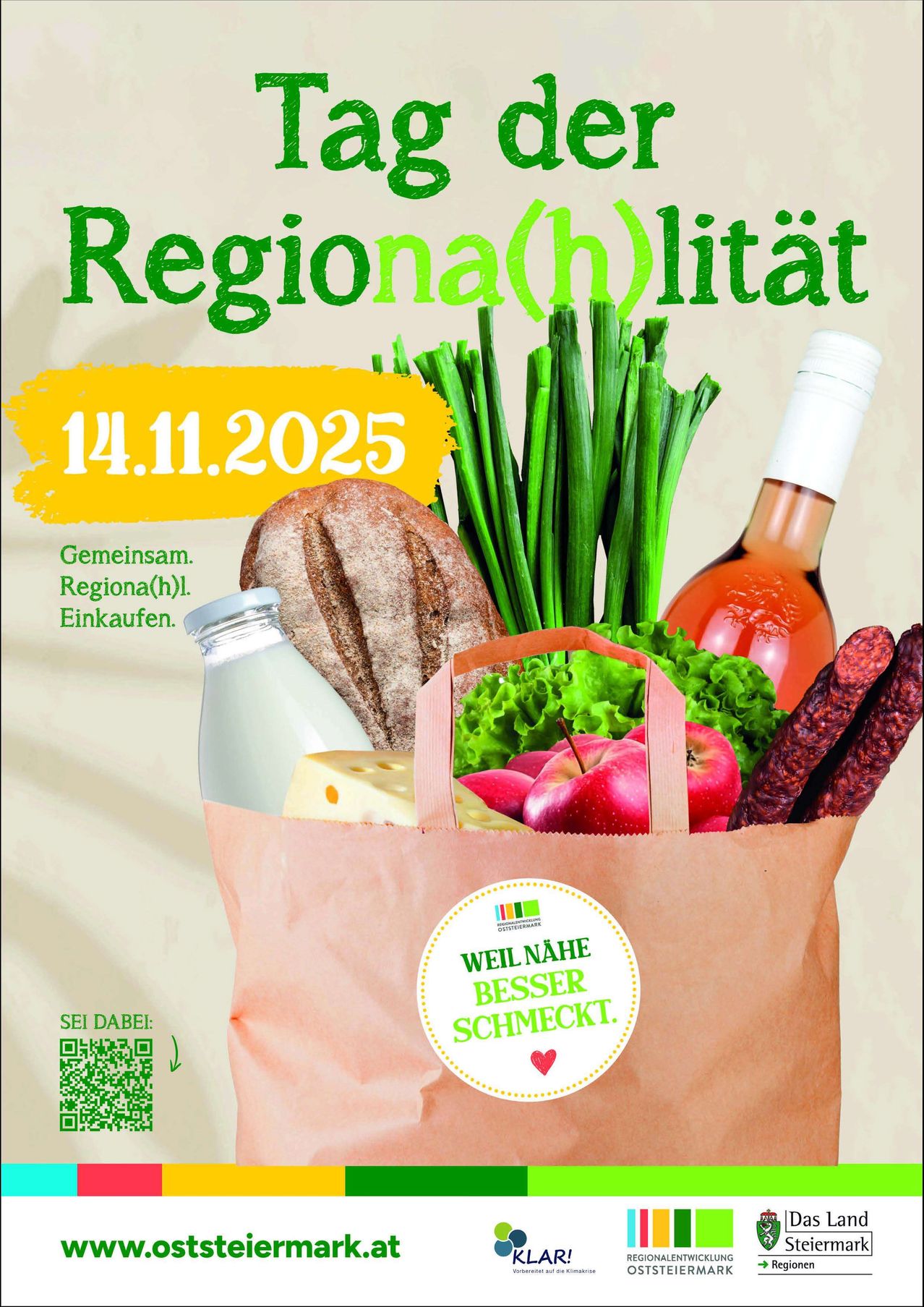 Poster for a regional shopping event. It features a paper bag with groceries including bread, vegetables, cheese, wine, and a heart icon. Date is 14.11.2025. QR code present.
