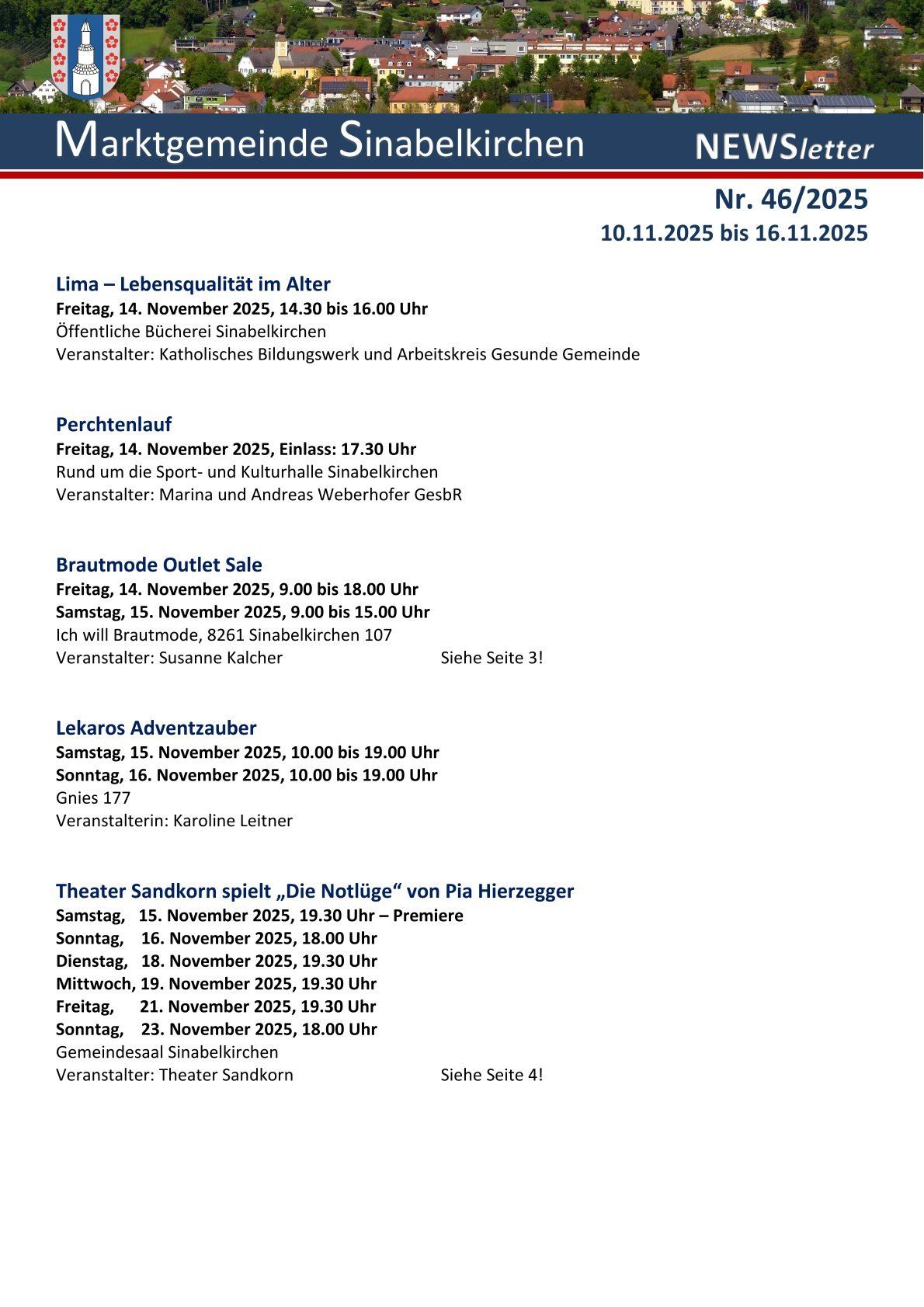 Event schedule from November 10 to November 23, 2025. Events include Lima - Life Quality in Old Age, Perchtenlauf, Brautmode Outlet Sale, Lekaros Advent Zoo, and Theater Sandkorn's play Die Notlüge by Pia Hierzegger. Details on dates, times, and organizers.