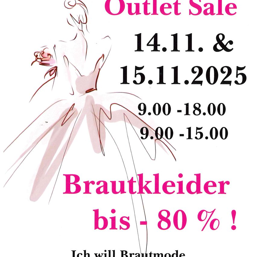 An advertisement for an outlet sale on November 14th and 15th, 2025, featuring a bride's dress with a discount up to 80% from 9 AM to 6 PM.