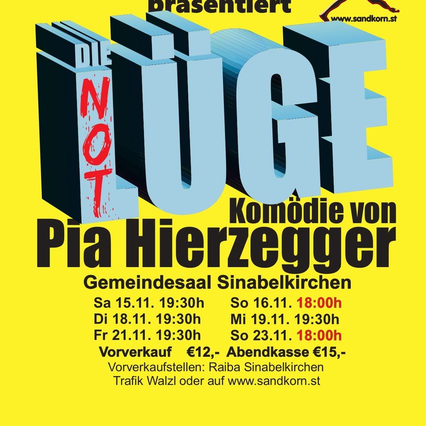 A yellow poster for a comedy performance by Pia Hierzegger. It includes dates and times for shows in November and ticket prices.