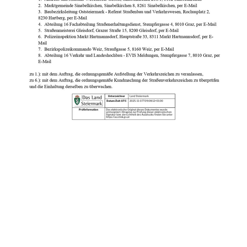 Document provides contact details for various offices, including market places, construction sites, road construction, police, and mail addresses. It also includes a request for the issuance of traffic signs and road markings.