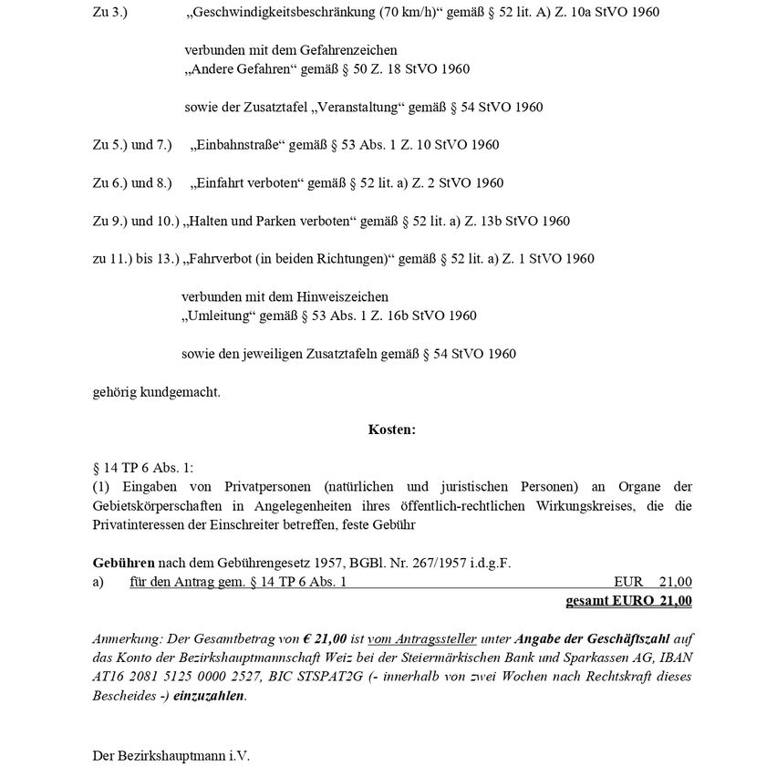 Legal document outlines speed limits, prohibitions on other vehicles, and parking restrictions, referencing specific sections of the 1960 StVO law. It also mentions fees for applications and fees payable to the Sparkassen bank.