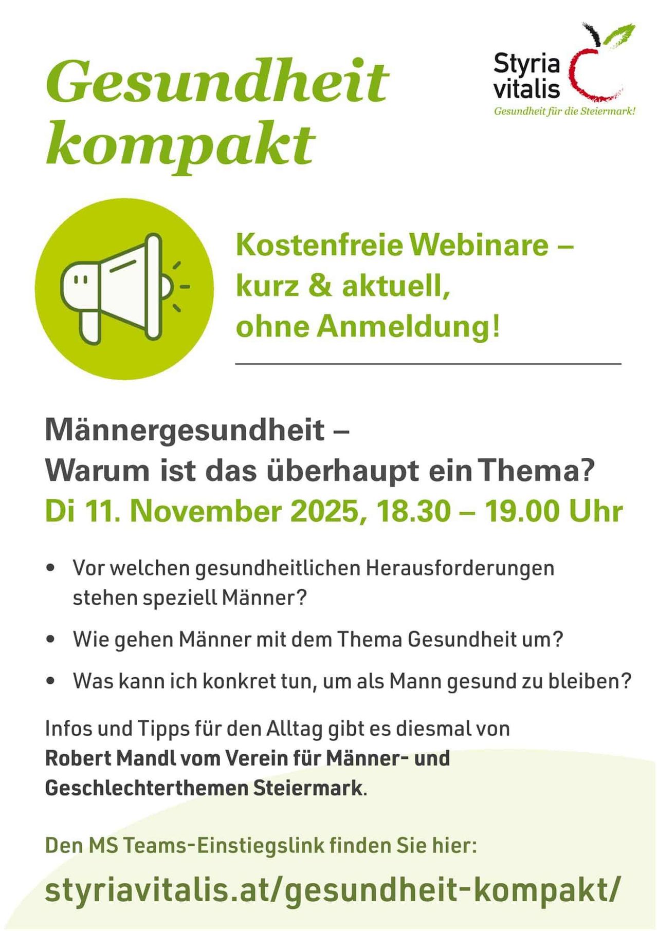 A flyer promotes a free webinar on men's health, scheduled for November 11, 2025, from 18:30 to 19:00. The webinar will address specific health challenges men face, their approach to health, and tips for maintaining health. Hosted by Robert Mandl from the Association for Men's and Gender Issues in Styria.