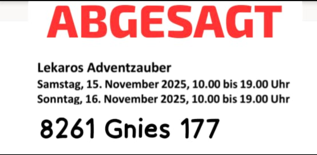 Poster advertising an Advent event called "Adventszauber" by Ekaros, scheduled for November 15th and 16th, 2025, from 10:00 to 19:00. The location is 3261 Gnies 177.