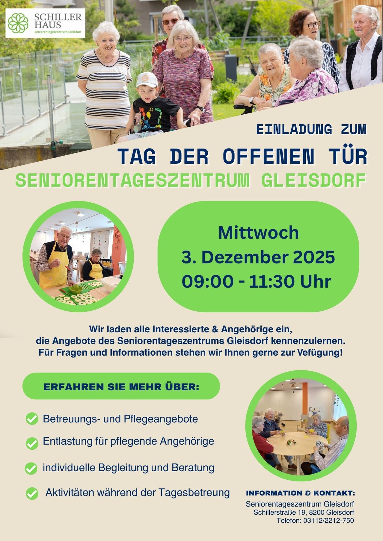 Plakat für den Tag der offenen Tür im Seniorenzentrum Gleisdorf am 3. Dezember 2025. Aktivitäten umfassen Kochen und Geselligkeit. Geöffnet von 09:00 bis 11:30. Für Anfragen anrufen.