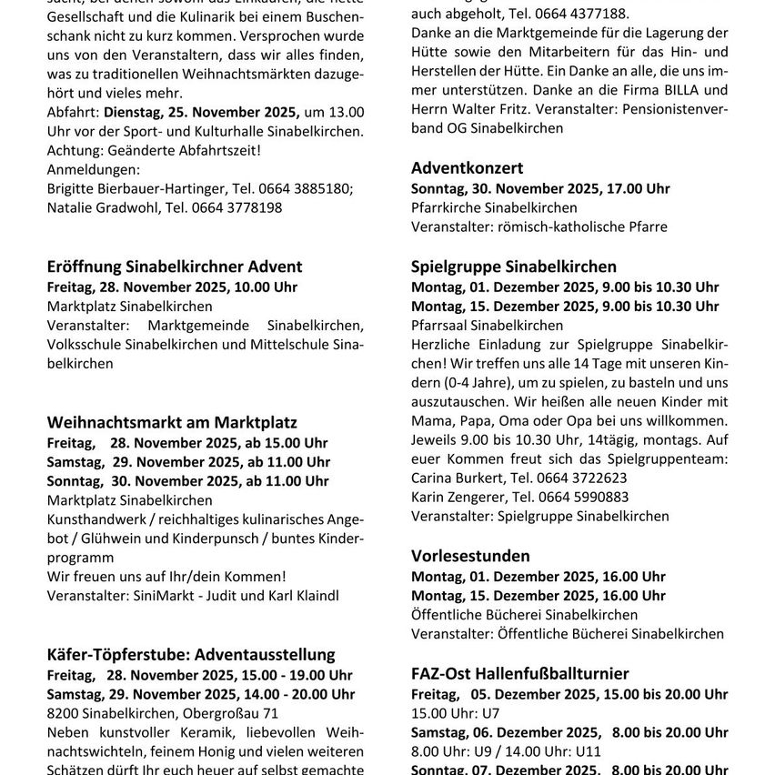 Announcements include an opening of the Sinabelkirchen Advent market, an advent concert, a Christmas market, and a beetle exhibit. Dates range from November 25 to December 6. Organizers vary from the market community to the parish church.