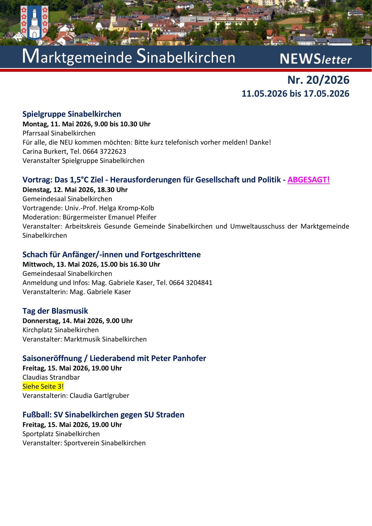 Event listing for Sinabelkirchen, including a game group on Monday, a talk on Tuesday, a chess event on Wednesday, a music day on Thursday, a season opening on Friday, and a soccer match on Friday.