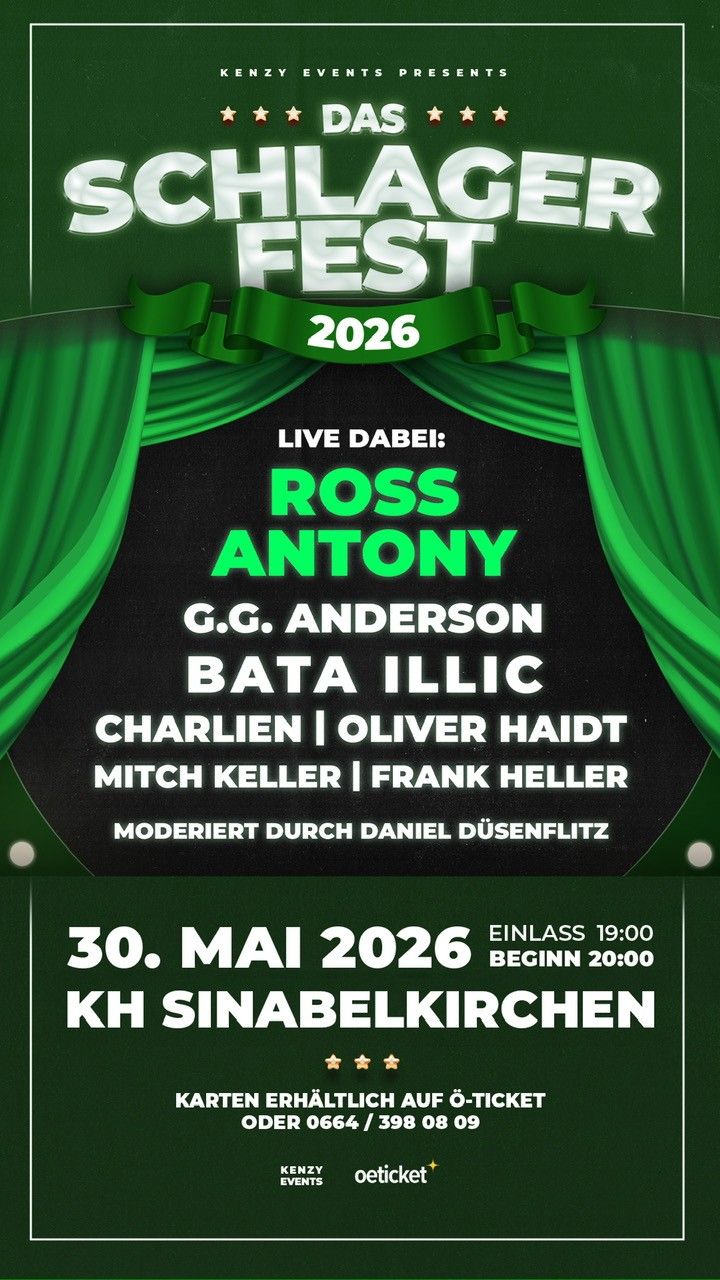 Ein Plakat für ein Live-Musik-Event im Jahr 2026. Die Veranstaltung zeigt Ross Antony und mehrere andere Künstler. Das Event ist für den 30. Mai 2026 in KH Sinabelkirchen geplant.