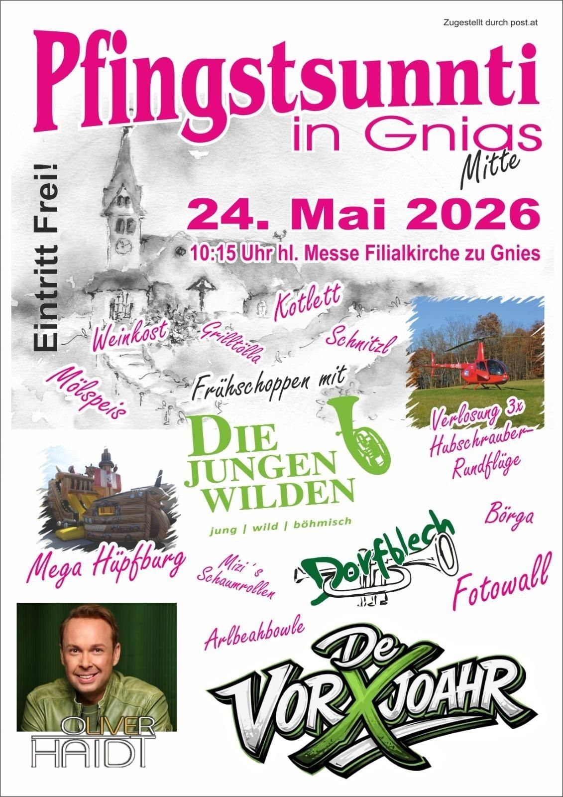 Plakat für 'Fiesta in Gnias Mitte' am 24. Mai 2026. Bietet Attraktionen wie Weinprobe, gegrilltes Essen und einen Hubschrauber. Die Veranstaltung beginnt um 10:15 Uhr in der Filialkirche in Gnias.