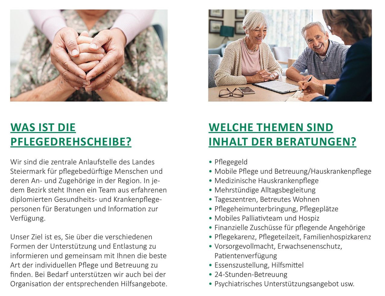 Eine ältere Person hält die Hände einer anderen Person. Unten steht eine Überschrift auf Deutsch. Eine Frau und ein Mann sitzen an einem Tisch mit einer lächelnden Frau gegenüber. Unten steht Text auf Deutsch.