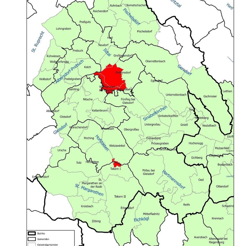 Eine Karte, die die Gemeinde Gleisdorf in der Steiermark, Österreich, hervorhebt. Die Karte ist farbcodiert, mit roter Schattierung um Gleisdorf und seine umliegenden Gebiete.