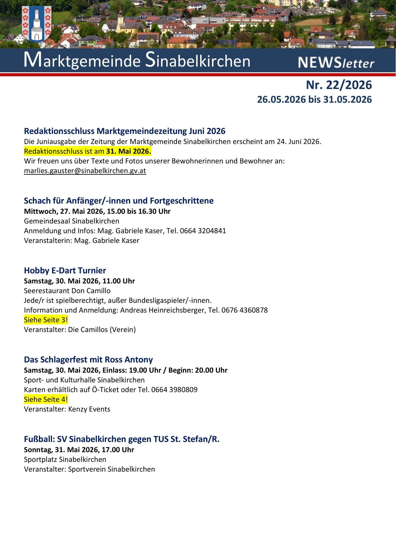 Ankündigung für die Marktgemeinschaft Juni 2026, Redaktionsschluss am 31. Mai 2026. Schach für Anfänger/Fortgeschrittene, Hobby E-Dart Turnier, Schlagerfest mit Ross Antony und Fußballspiel. Veranstaltungen beinhalten Schach, E-Dart, Musik und Sport.