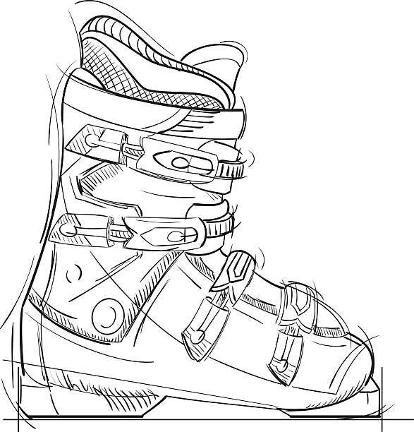 A sketch of a ski boot shows the front view with buckles, straps, and a buckle on the ankle. It includes a cuff for stability.