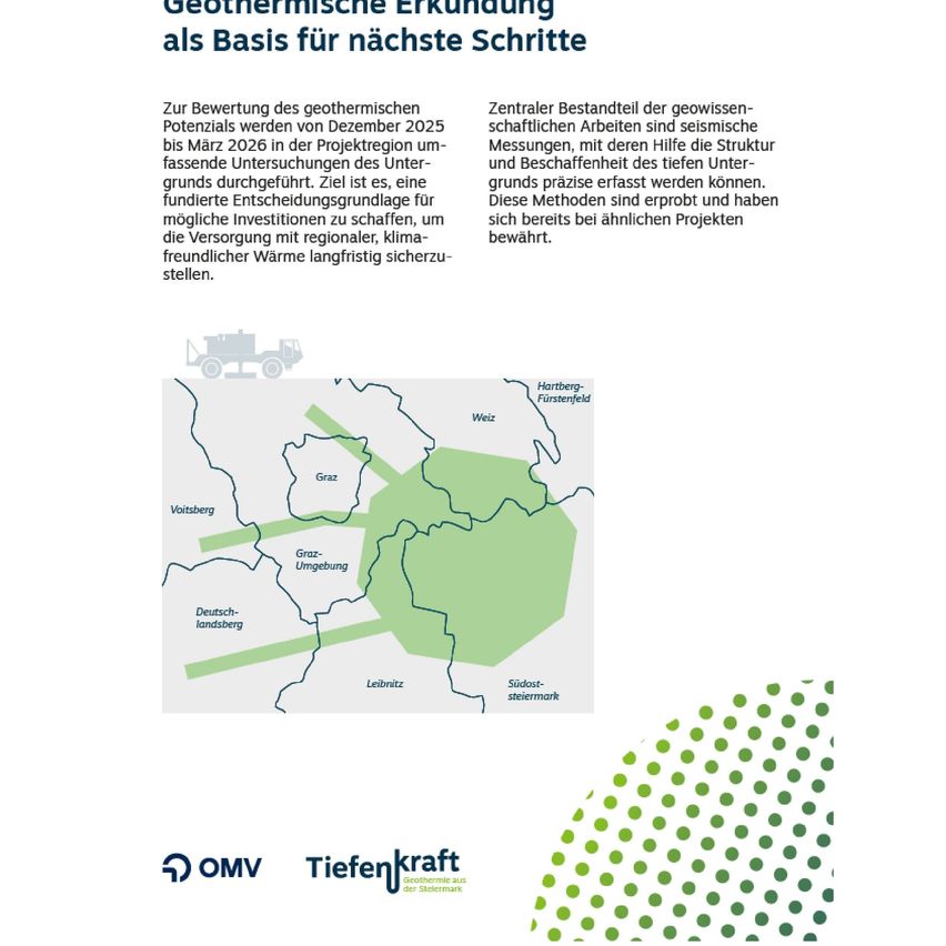 The evaluation of geothermal potentials in the project region up to March 2026 aims to create a foundation for future investments in regional, climate-friendly warmth. A map of the region is shown with green dots indicating the location of a geothermal project.