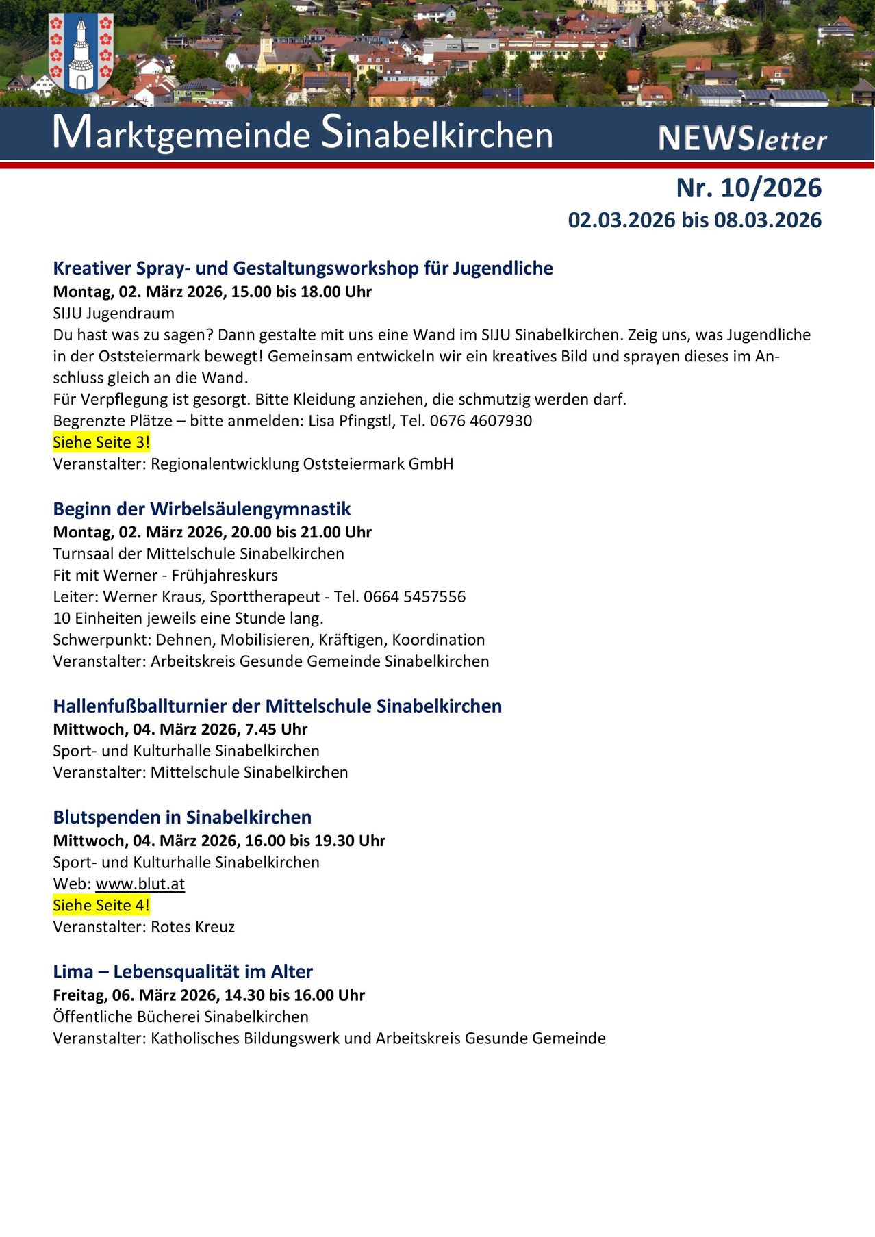 Veranstaltungsflyer mit Details zu einem kreativen Spray- und Gestaltungsworkshop für Jugendliche, einer Turnstunde, einem Hallenfußballturnier, einer Blutspendeaktion und einem Vortrag über Lebensqualität im Alter. Jeder Veranstaltung beinhaltet Datum, Uhrzeit, Ort und Kontaktinformationen.