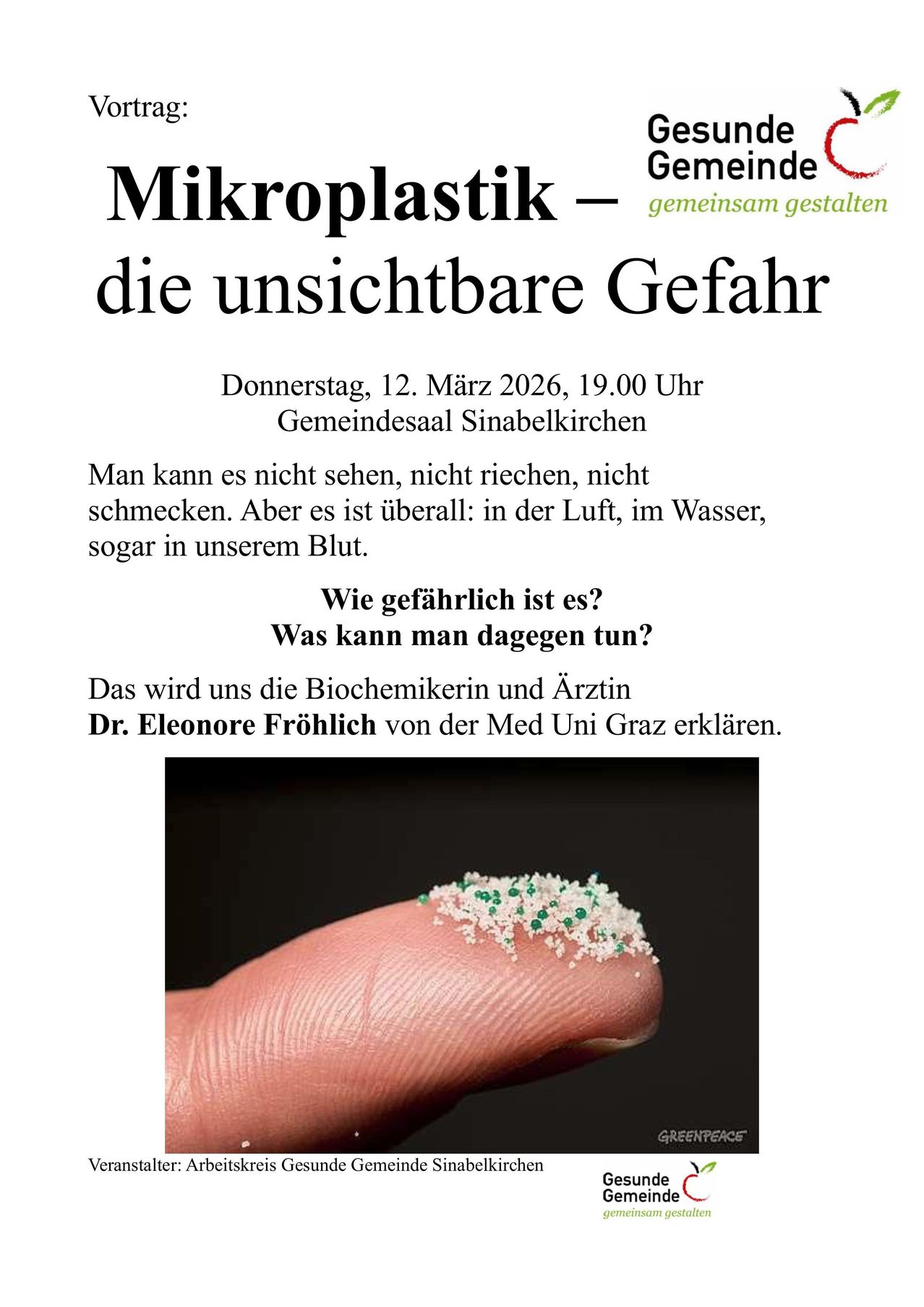Ein Bild zeigt einen Fingerspitze mit Mikroplastikpartikeln. Der Text darüber lautet 'Mikroplastik - die unsichtbare Gefahr'. Datum und Ort der Präsentation sind angegeben. Die Beschreibung erklärt die Allgegenwärtigkeit von Mikroplastik und den bevorstehenden Vortrag von Dr. Eleonore Fröhlich.