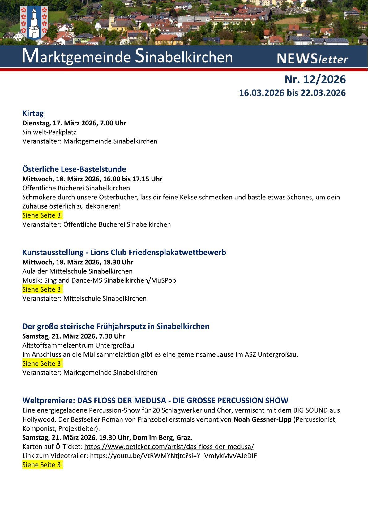 Dokument zeigt Veranstaltungskalender mit 'Kirtag' am 17. März 2026, 'Osterliche Lese-Bastelstunde' am 18. März 2026, 'Kunstausstellung' am 18. März 2026, 'Der große steirische Frühlingsputz' am 21. März 2026 und 'Weltpremiere: Das Floss der Medusa' am 21. März 2026.