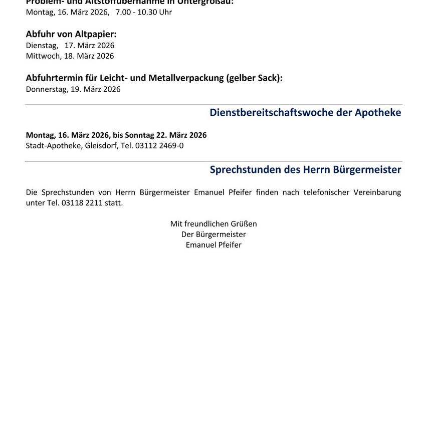 Das Bild zeigt Termine und Details zur Abfallsammlung in Untergroßau, inklusive Abholzeiten für Papier, leichte und Metallverpackungen und Apothekendienstwoche. Es listet auch die Sprechstunden des Bürgermeisters auf.