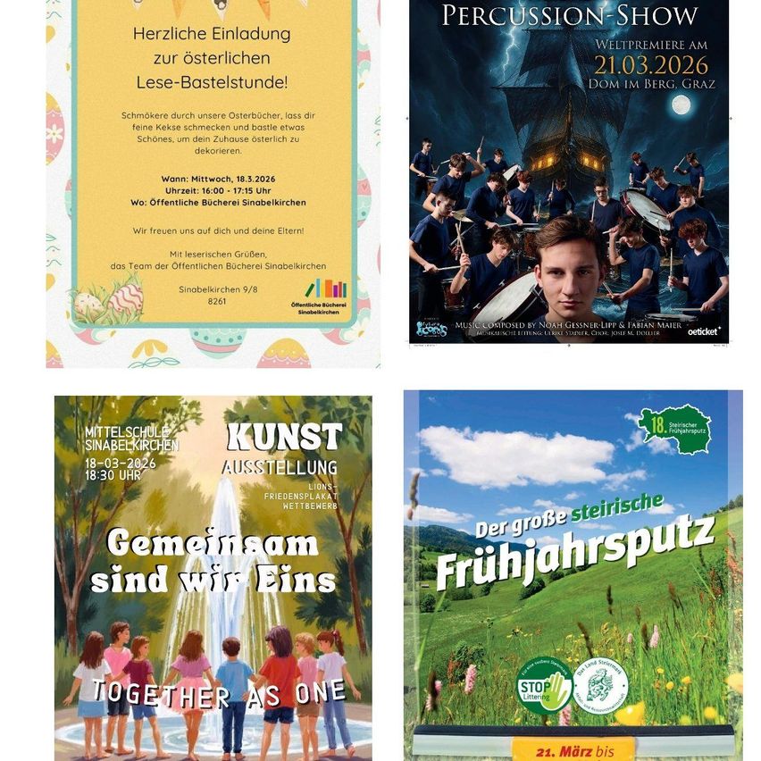 Vier Poster sind zu sehen. Das erste Poster ist für eine Bibliotheksveranstaltung mit einem gelben Hintergrund und einem Foto von Kindern, die Eier dekorieren. Das zweite Poster ist für eine Percussion-Show mit einem dunklen Hintergrund und einem Foto eines Schlagzeugers. Das dritte Poster ist für eine Schulkunstausstellung mit einem farbenfrohen Hintergrund und einem Brunnenfoto. Das vierte Poster ist für eine Frühlingsveranstaltung mit einem grünen Feld und Bergen.