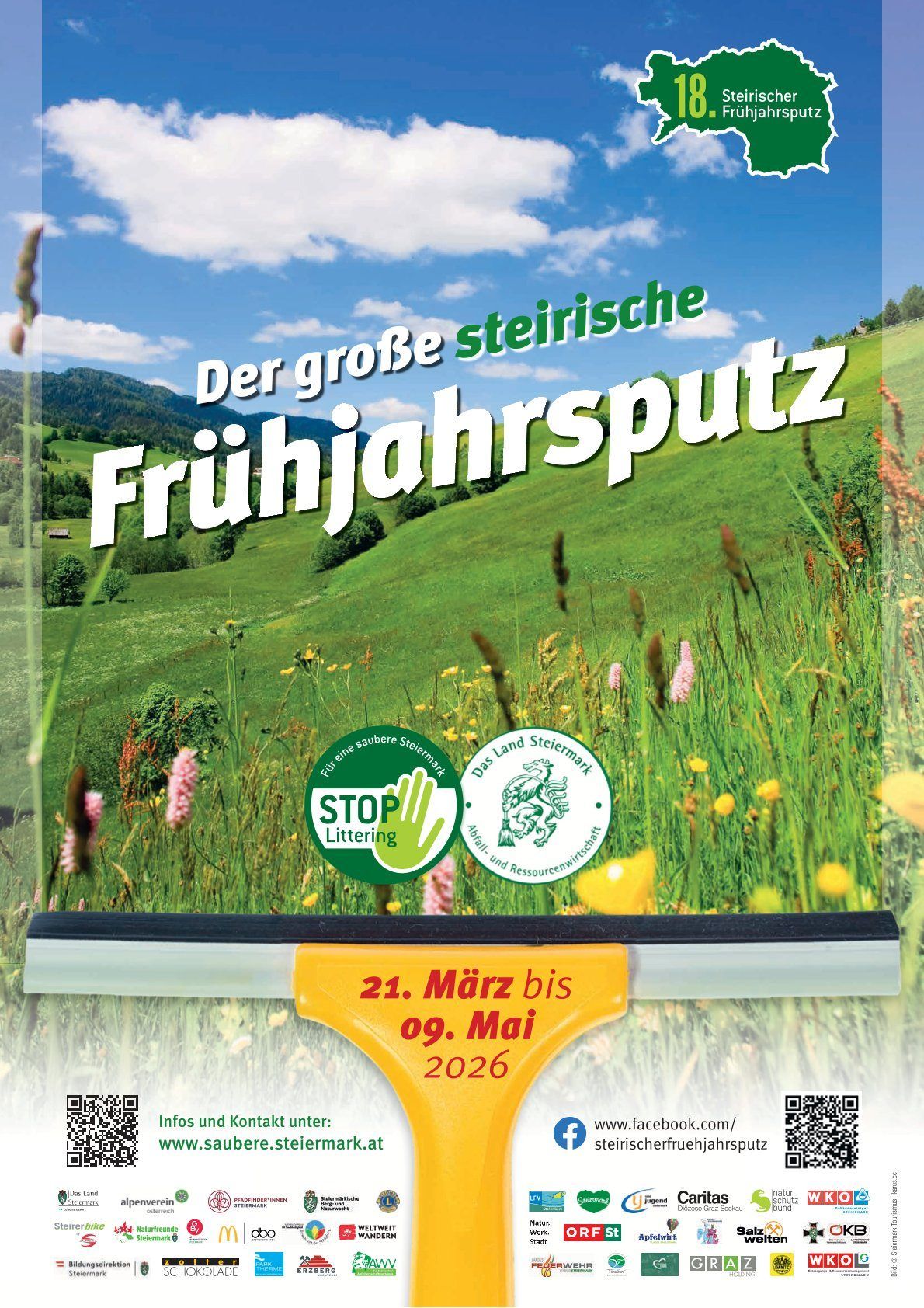 Plakat für die große steirische Frühjahrsputzaktion vom 21. März bis 9. Mai 2026. Zeigt ein idyllisches Bild einer Wiese, Bergen und blauem Himmel mit Wolken. Enthält Logos für 'STOP Littering' und 'Steirische Umweltinitiativen'.
