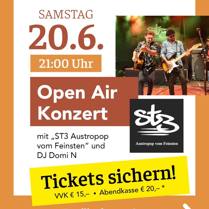 Plakat für ein Open-Air-Konzert am Samstag, 20. Juni um 21:00 Uhr. Es zeigt zwei Männer, die auf der Bühne Gitarre spielen. Tickets kosten 15 Euro im Vorverkauf und 20 Euro an der Abendkasse.