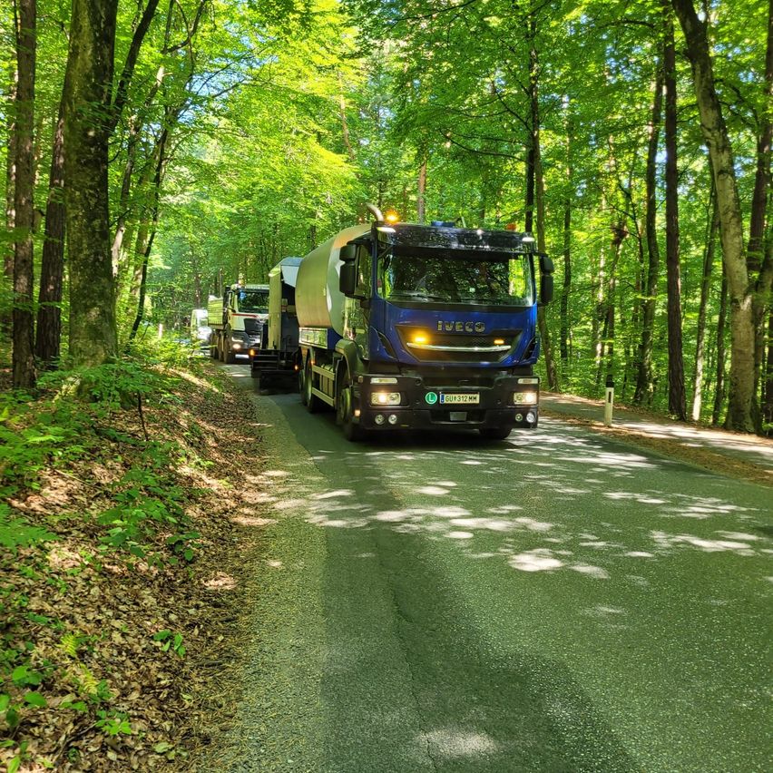 Ein blauer Iveco-Lkw fährt auf einer Waldstraße, gefolgt von zwei weiteren Lkws. Die Straße ist von dichten grünen Bäumen umgeben.