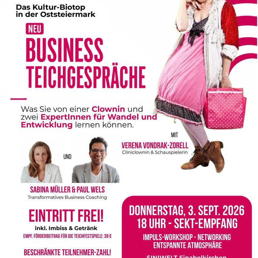 Plakat für ein kostenloses Business-Workshop mit einem Clown, einer Frau und einem Mann. Die Veranstaltung findet am 3. September 2026 um 18 Uhr statt. Es beinhaltet Essen und Getränke und wird von einer kulturellen Organisation gesponsert.