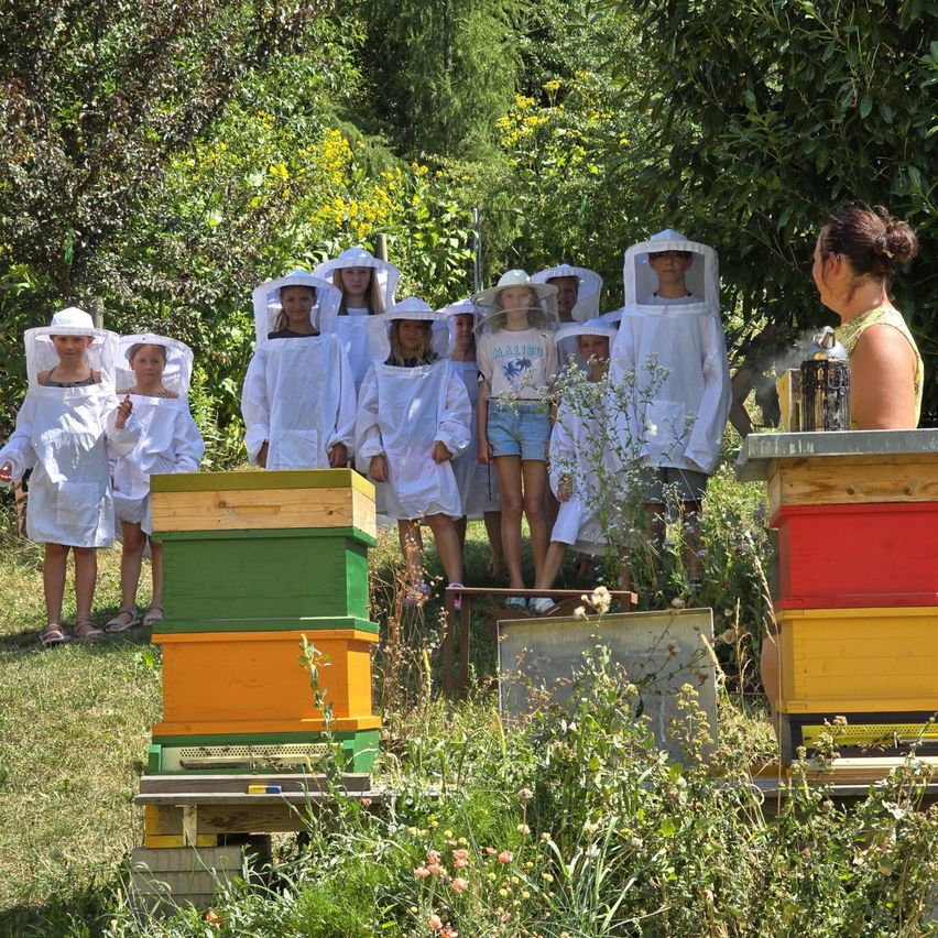 Eine Gruppe von Kindern und Erwachsenen in Imkeranzügen steht in einem Garten mit Bienenstöcken. Eine Frau in einem gelben Shirt beobachtet sie.