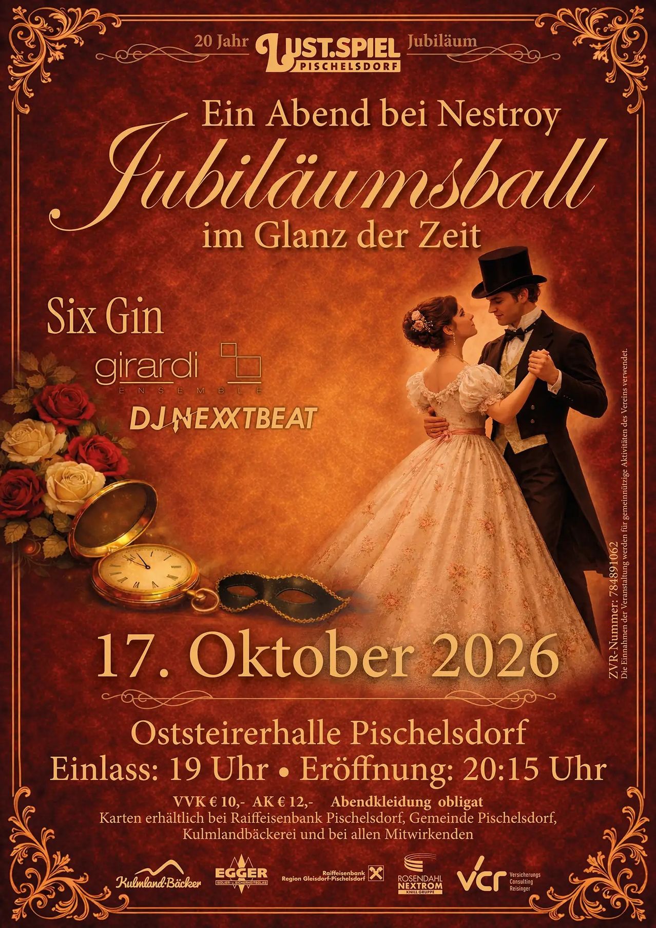 Ein Plakat für einen Jubiläumsball am 17. Oktober 2026 mit einem Paar in Vintage-Kleidung tanzend, umgeben von einer Uhr und Blumen.