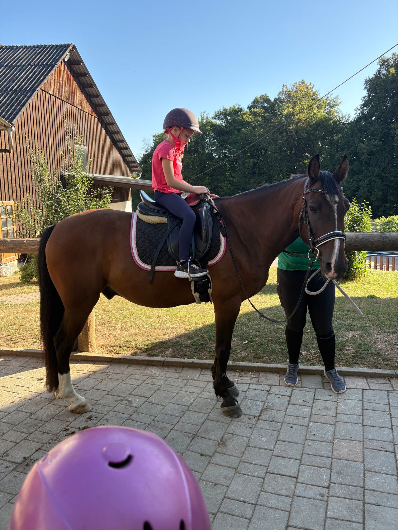 A young girl wearing a helmet rides a brown horse in a grassy area with a barn in the background.