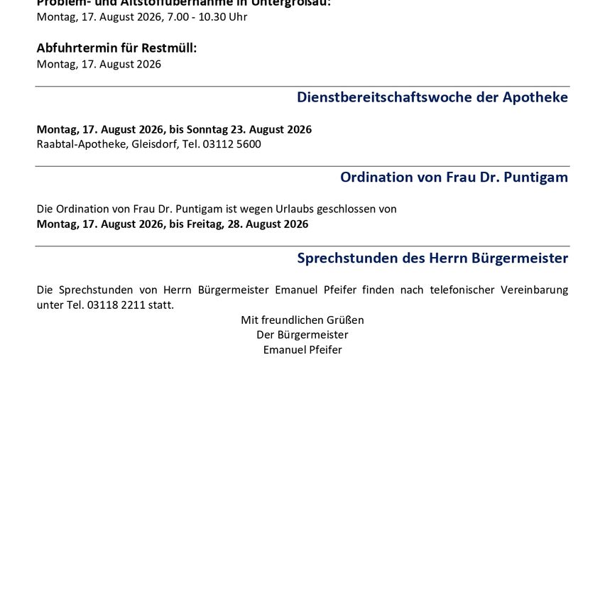 Ein Dokument mit Informationen über ein Problem und Abfallsammlung in Untergroßau, inklusive Daten, Zeiten und Kontaktdaten für das Bürgermeisterbüro.
