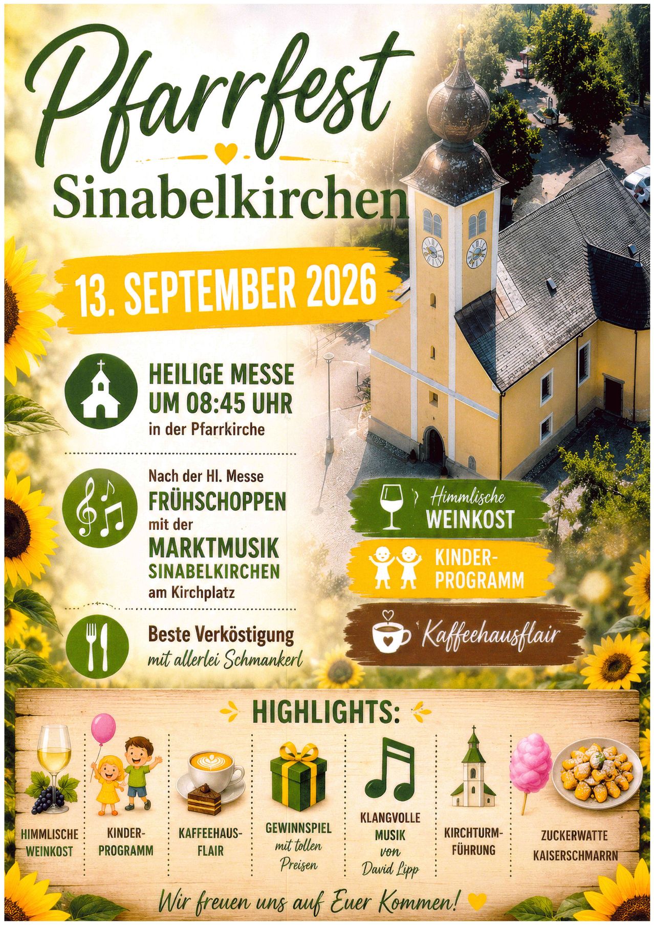 Poster for the Sinabelkirchen event on September 13, 2026. Features a church, sunflowers, and details about the holy mass, morning coffee, wine tasting, children's program, and refreshments.