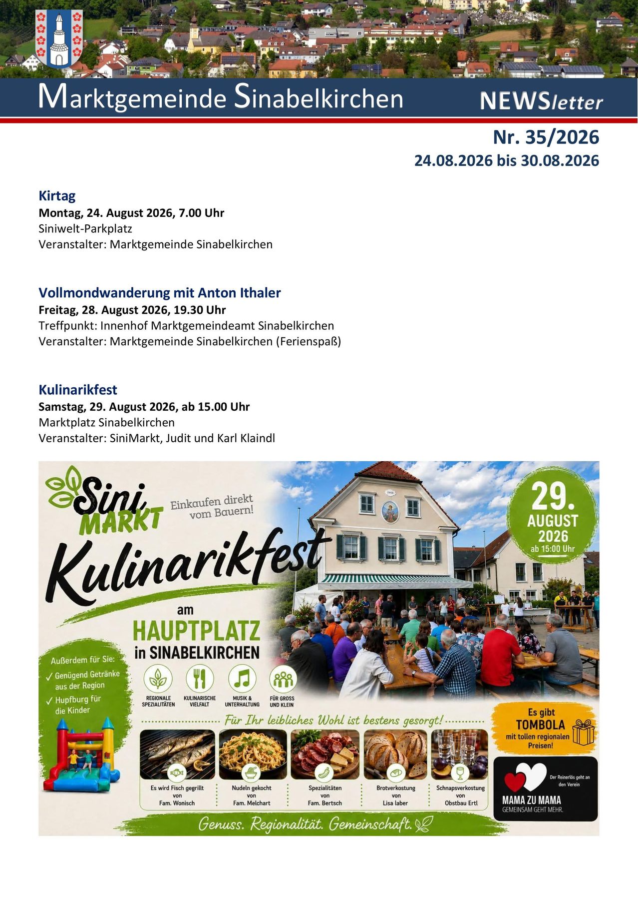 Plakat bewirbt Veranstaltungen in Sinabelkirchen, Österreich, einschließlich eines Vollmondspaziergangs, eines kulinarischen Festivals und eines Marktes. Die Veranstaltungen sind vom 24. August bis zum 29. August 2026 geplant. Das Plakat zeigt ein Bild einer Gruppe von Menschen, die um Tische mit Essen und Getränken versammelt sind.