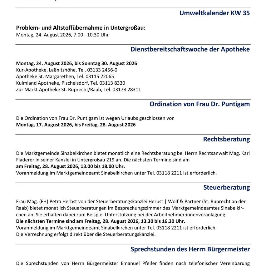Ein Dokument mit dem Titel 'Umweltkalender KW 35' listet verschiedene Veranstaltungen und Dienstleistungen für die Woche vom 24. August 2026 auf, darunter eine Abfallsammlung, Apothekenverfügbarkeit und Rechts- und Steuerberatung.