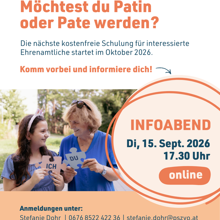 Eine Anzeige für einen kostenlosen Schulungskurs für Interessierte, die Pfleger werden möchten, geplant für Oktober 2026. Die Veranstaltung findet am 15. September 2026 um 17:30 Uhr online statt. Kontaktinformationen sind angegeben.