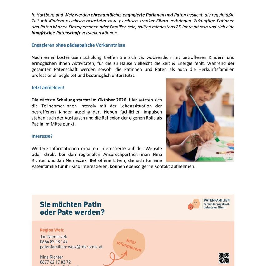 Ein Bild eines Flyers für ein Elternprogramm in Deutschland. Es zeigt eine Frau und ein Kind bei einer Aktivität, mit Text über den Zweck des Programms und Kontaktinformationen.