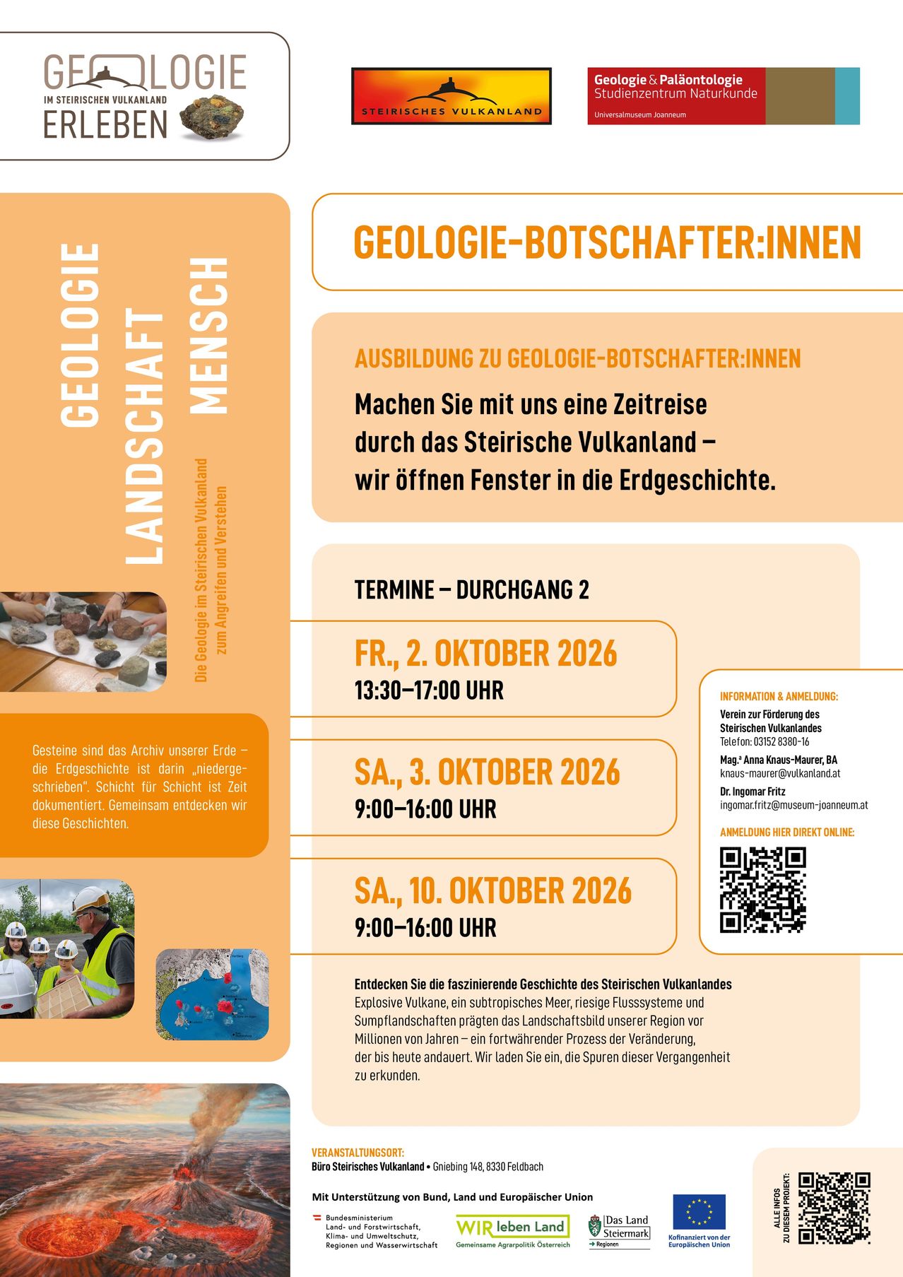 Plakat für eine Geologie-Tour im Steirischen Vulkanland mit Terminen und Zeiten für geführte Touren, Kontaktinformationen und einem QR-Code für die Anmeldung.