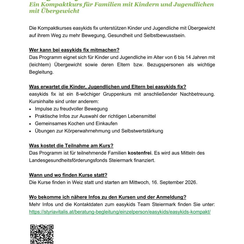 Ein Bild eines Flyers für einen Kompaktkurs für Familien mit übergewichtigen Kindern und Jugendlichen. Der Flyer enthält Informationen über den Kurs, seine Vorteile und wie man sich anmeldet. Er enthält auch einen QR-Code für weitere Informationen.