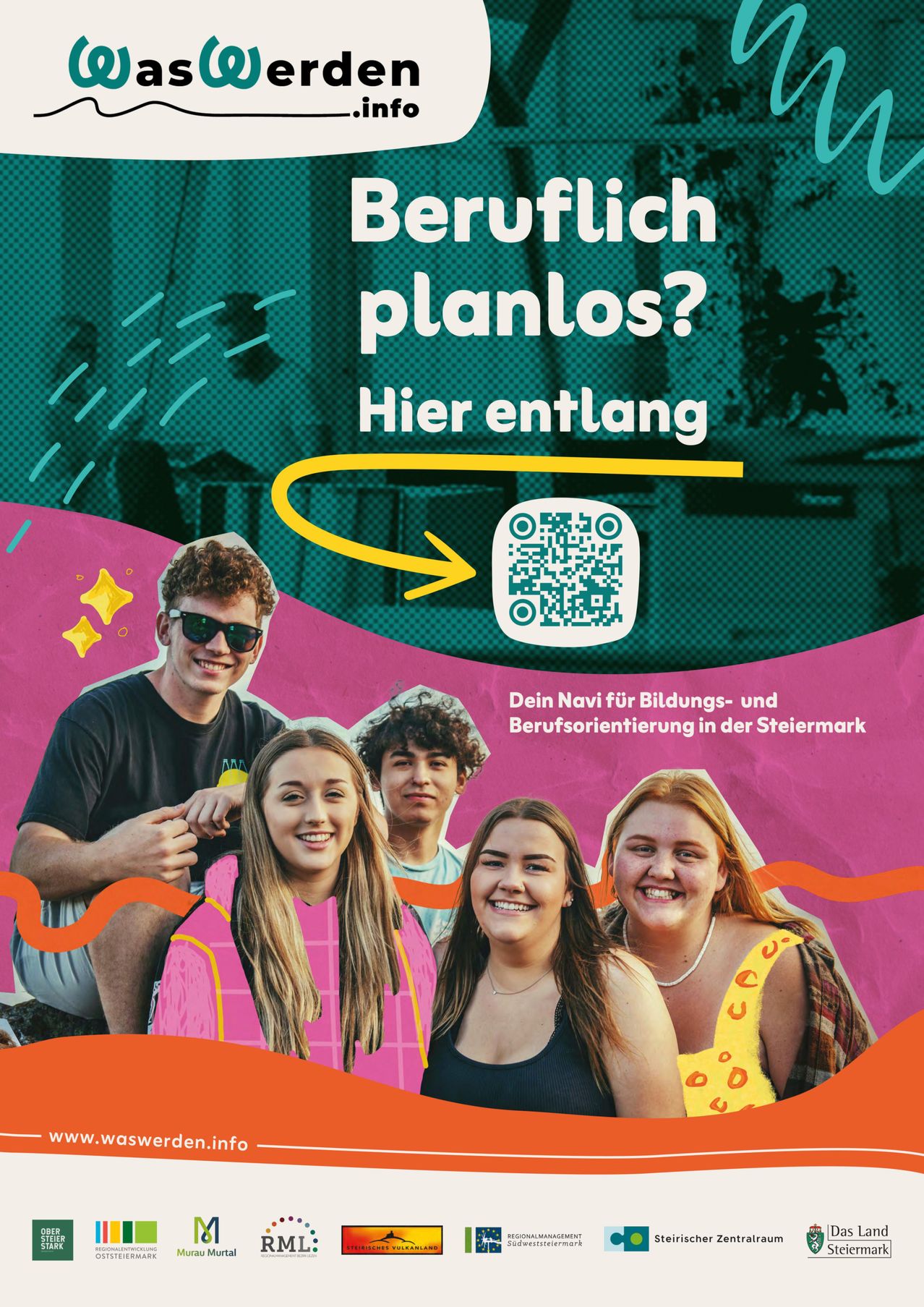 A poster with a group of smiling young people, a QR code, and the text 'Beruflich planlos? Hier entlang' in German.